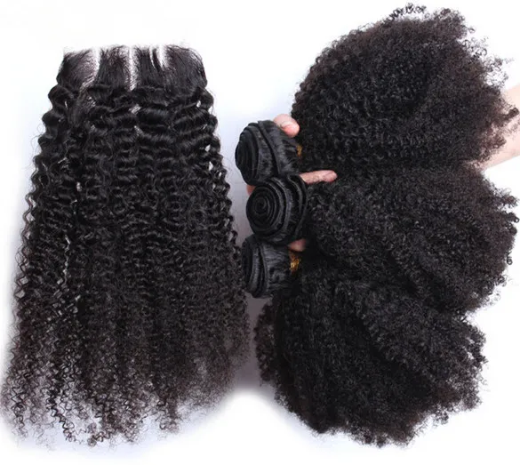 Brazilian 4 * 4 topo fechamento com pacotes de cabelo cor natural cabelo humano afro kinky curly 3 pcs cabelo humano com fecho de renda 4 pcs / lote