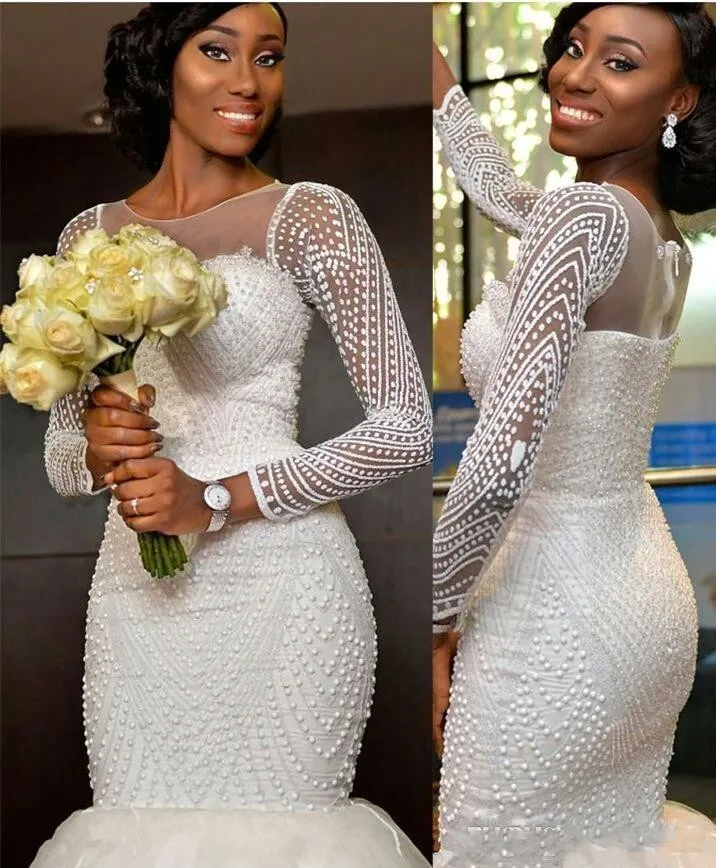 2017 새로운 아프리카 나이지리아 새로운 인어 웨딩 드레스 보석 목 긴 소매 크리스탈 페르시 진주 스윕 기차 사용자 정의 정식 신부 가운