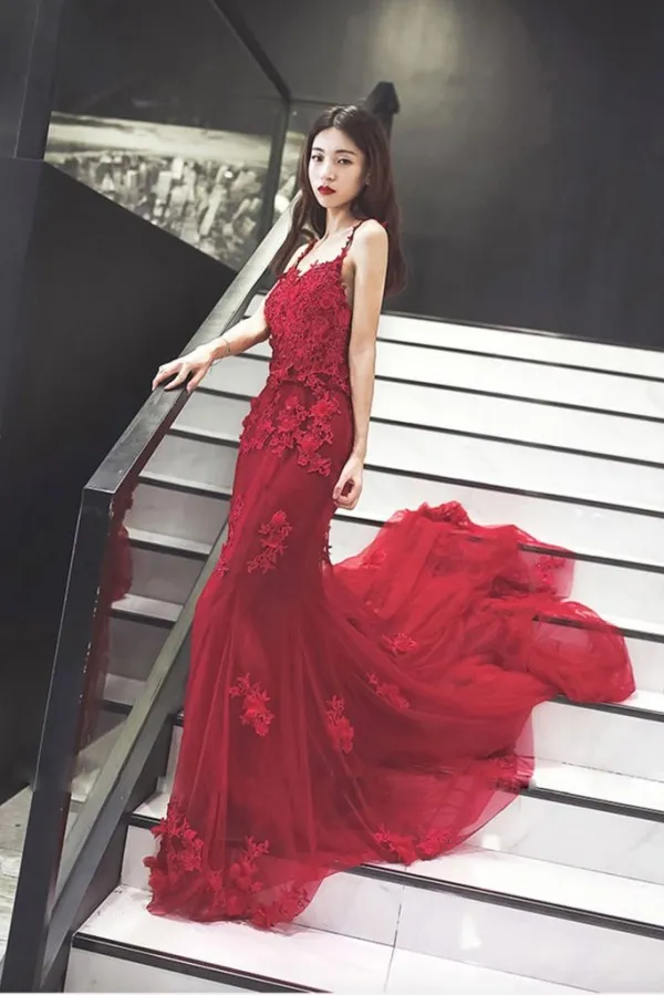 maroon mermaid wedding dress Buy Burgundy Mermaid Wedding Gown: Floral Lace Open Back Dress With Removable Tulle Train Online in India