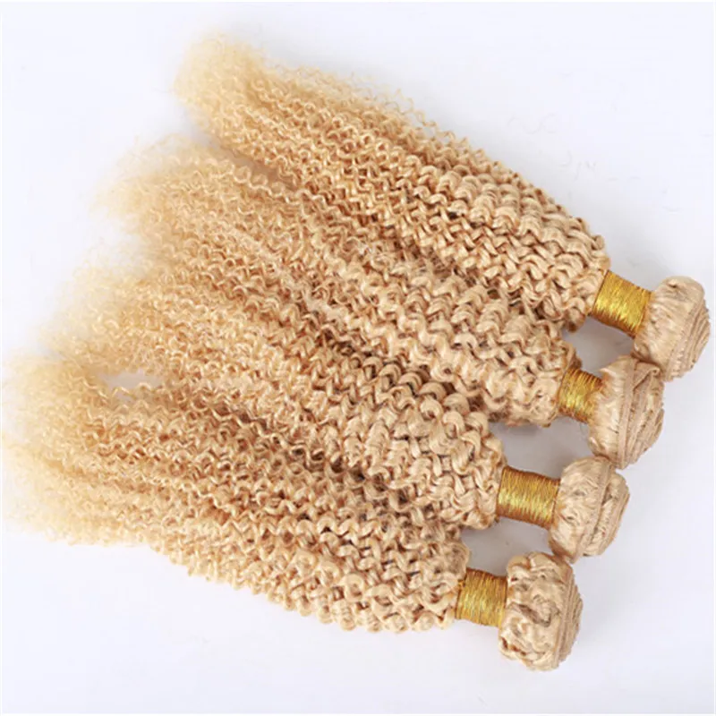 Kinky Curly Brazilian # 613 Blonda Human Hair Extensions Golden Blonde Virgin Remy Mänsklig Hårväv Buntar Afro Curly Double Wefts