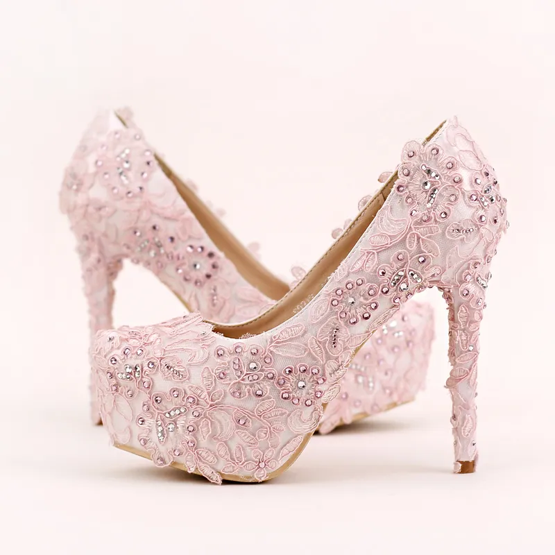 Pink Lace Prom Shoes Handmade Rhinestone Bridal Dress Shoes Platform Formal Shoes 5.5 Inches Comfortable Wedding Party Pumps