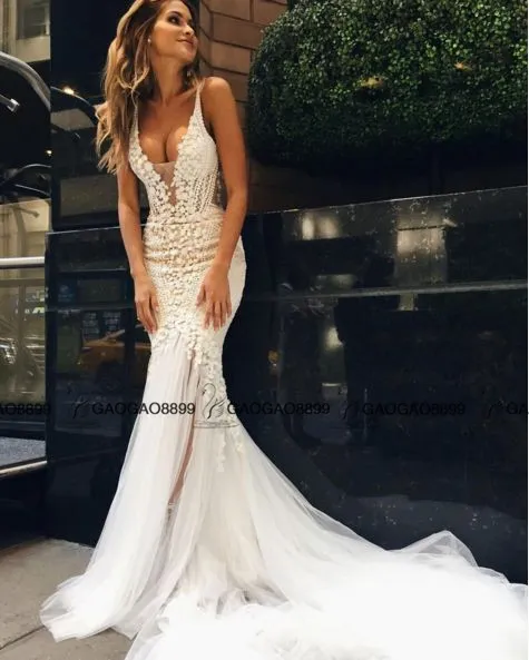 Pallas Couture 2019 Renda Floral Long Train Sereia Praia Vestidos de Noiva Custom Make Decote em V Comprimento total Fishtail Casamento Noiva Go2608