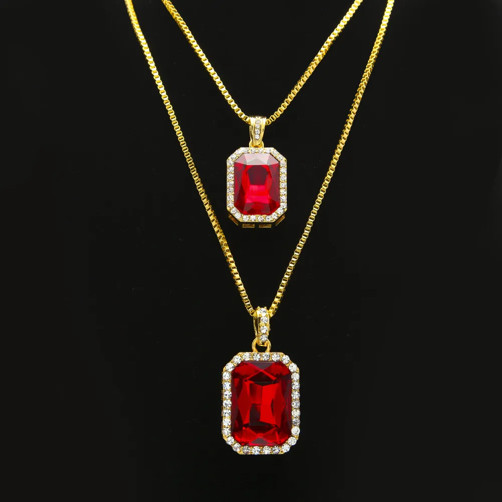 2 stks Ruby Ketting Sieraden Set Zilver Vergulde Iced Out Out Square Red Pendant Hip Hop Box Chain