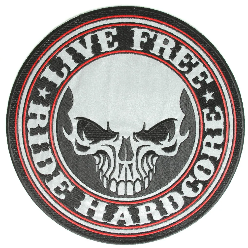 Bold Reflective Skull Biker Vest Patch Ride Hardcore, Embroidered Iron On Or Sew On Patch- 10 INCH Free Shipping