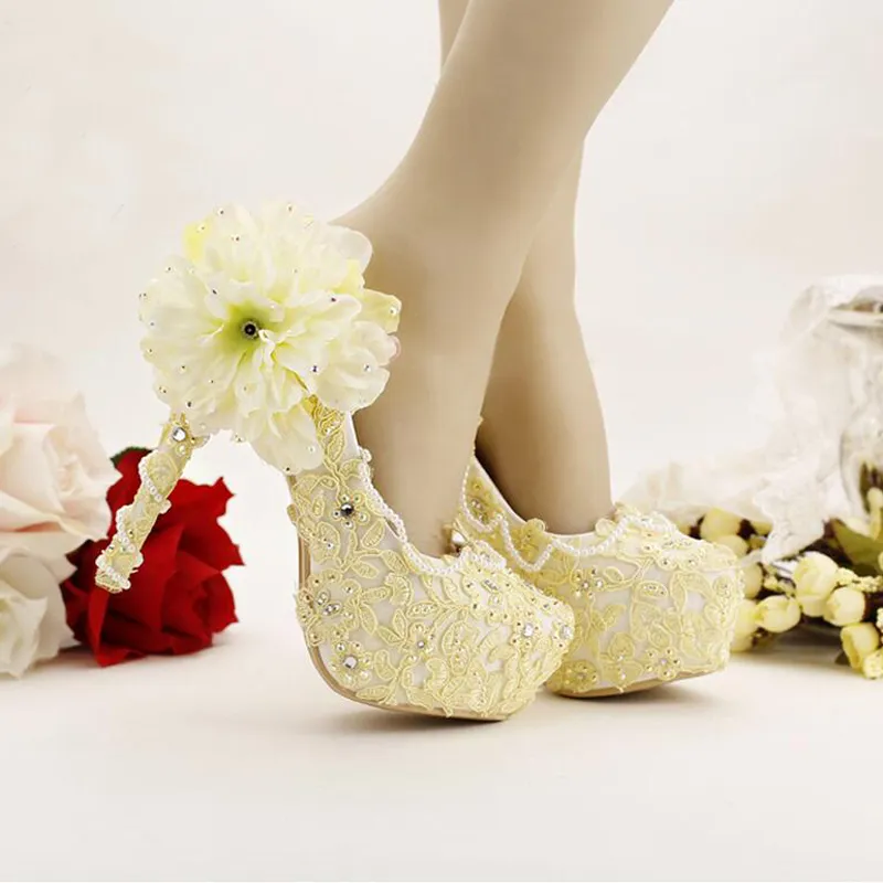 Pure gele bruid schoenen hoge hakken platform jurk schoenen kant bloem strass bruiloft schoenen bruids pompen stiletto hoge hak