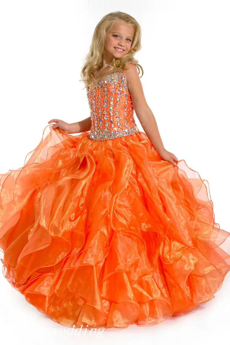 Princess Beaded Ruffles Party Cupcake Bright Orange Prom Dress for Little Girls - Sugar Orange Girls Pageant Dress