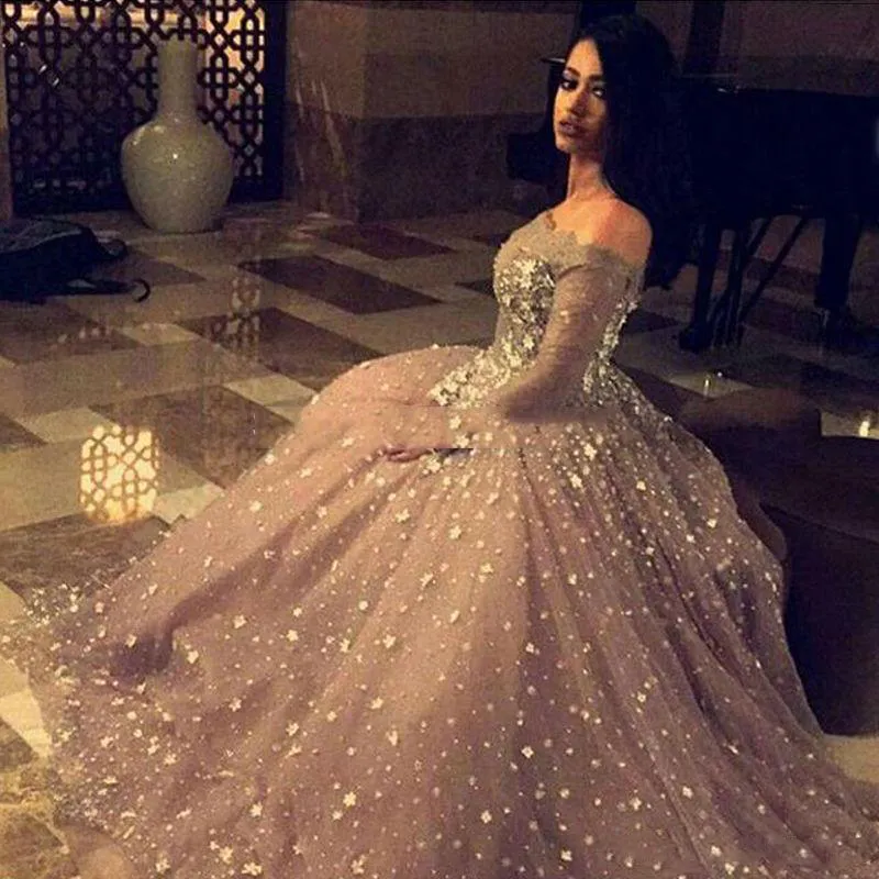 Sheer Long Sleeves Prom Dresses Sexy Off The Shoulder Lace Flora Appliques Evening Gowns Saudi Arabia Women Formal Party Dress Custom Made