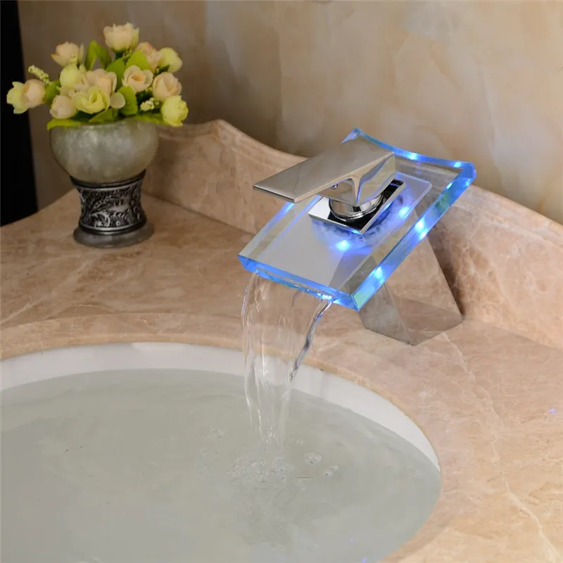 Factory Outlet Bathroom With LED Lamp Glass Waterfall Basin Faucet