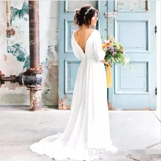 Sexy VNeck Backless Greek Wedding Dresses 2017 Robe de Mariage Bohemian Beach Bride Dress With Sleeves Country Wedding Dress2748255