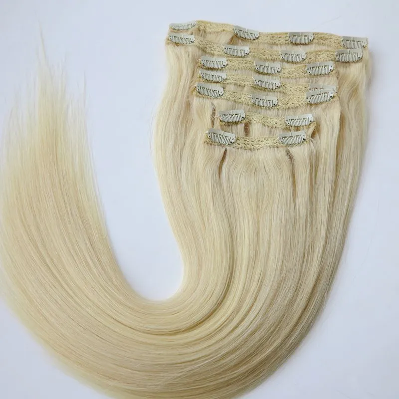 Clip in Hair Extensions Brazilian Human Hair 20 22inch 60#/Platinum Blonde Straight Hair Extensions 260g 7pcs/set