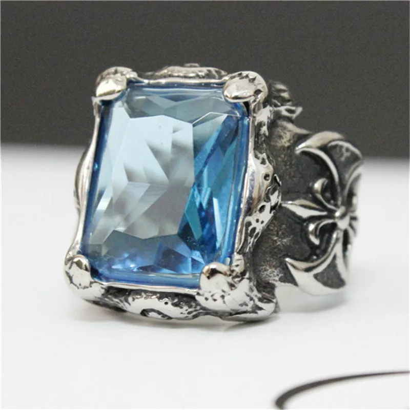 3 piècesnouveau Design énorme bague en pierre du rhin bleu en acier inoxydable 316L bijoux de mode fleur couleur bleue bague en pierre claire Cool
