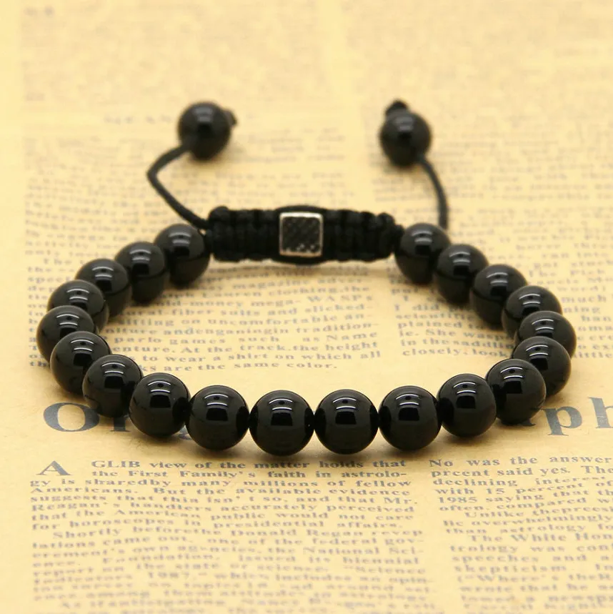 Hela 10st 8mm Natural Black Onyx White Howlite Marble Grey Jasper Stone Pärlor Macrame Lucky Armband3148