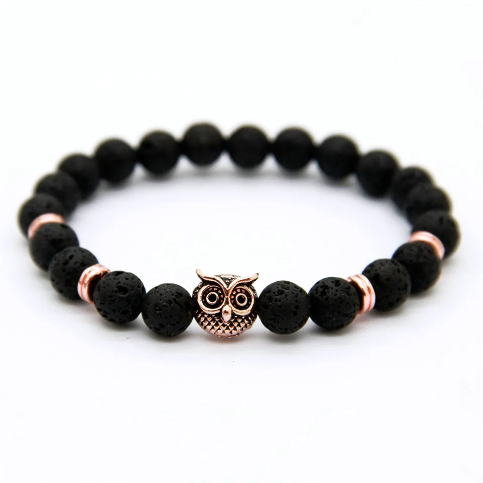 Ny design 8mm Lave Stone Pärlor Guld Silver Rose Plated Lion Owl Bästa Present Armband