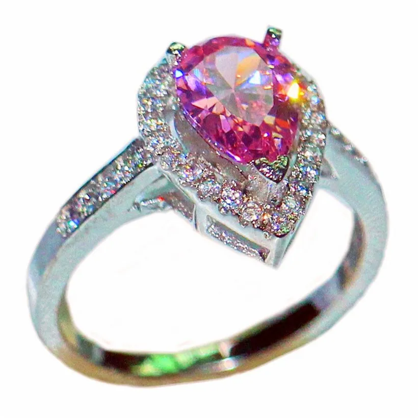 Clássico 10KT ouro branco cheio Delicado Pear-Shaped rosa Sapphire Water-Drop gemstone anelar dedo para mulheres tamanho 5-10