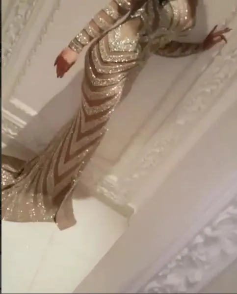 Evening dress Yousef aljasmi Labourjoisie Silver Beads V-Neck Ls Long sleeve Kim kardashian Zuhair murad