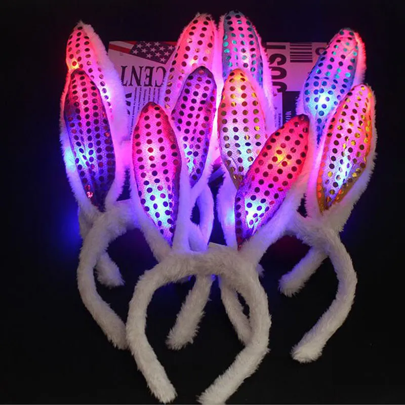 LED Light Luminous Sequin Rabbit Ears Flashing Bunny Ears Headdress Head Hair Band Hoop Toy Kid Birthday Party Supplies ZA4599