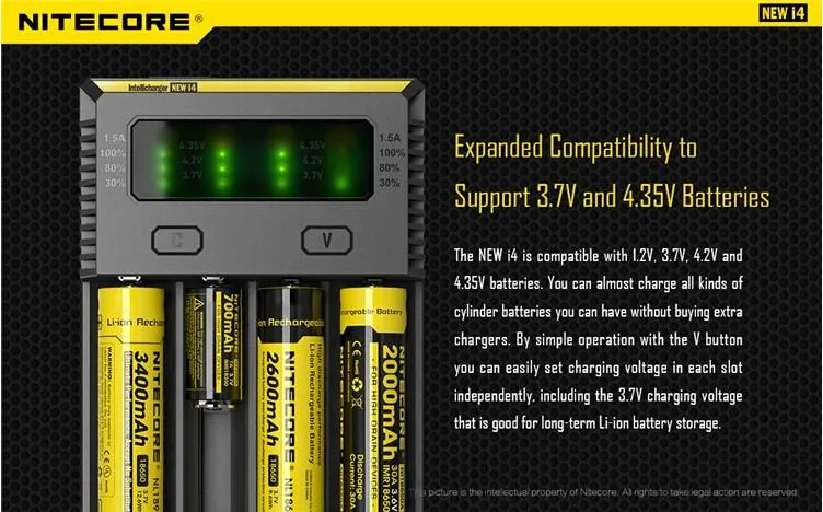 100 % authentisches Nitecore NEW I4 Intellicharger Universal-E-Zigaretten-Ladegerät mit maximaler Ausgangsleistung von 1500 mAh für 18650 18350 26650 10440 14500 Akku