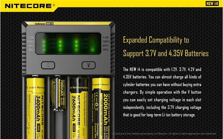 100 autentiska nitecore nya i4 Intellicharger Universal 1500mAh Max Output E Cig Chargers för 18650 18350 26650 10440 14500 Batter6629772