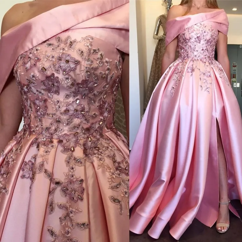 2019 robes de bal en dentelle rose bébé robes sexy fendues sur le côté tenue de soirée sur l'épaule robes de soirée en perles