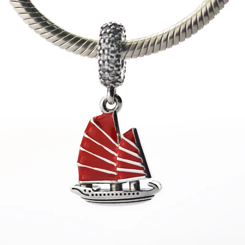 Fits for pandora Snake chain bracelets necklace 100% 925 sterling silver beads Chinese Junk Ship, Red Enamel & Clear CZ 2016 NEW summer