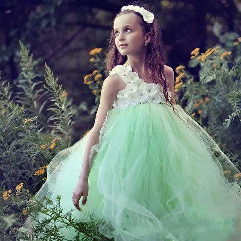 Vestidos de moda niña de las flores de menta verde edad 14 Un hombro de tul hechos a mano vestidos de desfile de flores para adolescentes Vestido de niña hermosa desfile