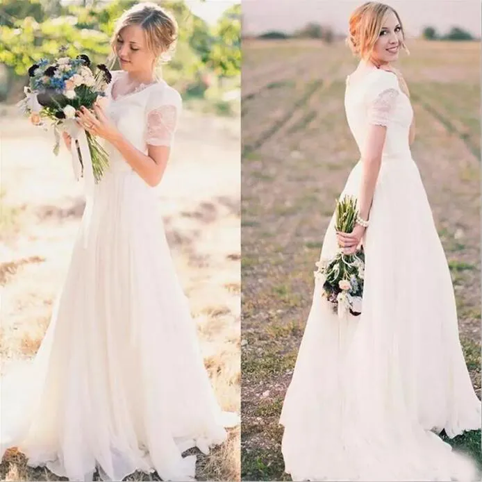 Save Big on Bulk Tea Length Country Wedding Dresses Country Style V Neck  Lace Wedding Dress, Illusion Short Sleeves, Chiffon Ruched Bodice, Sweep ...