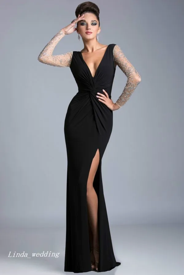 Noir Sheer Soirée Robe De Haute Qualité Sexy Deep De Deep Col Side Slit Manches Longues Perles De Perles De Pal Fête Robe Formelle Robe d'événement