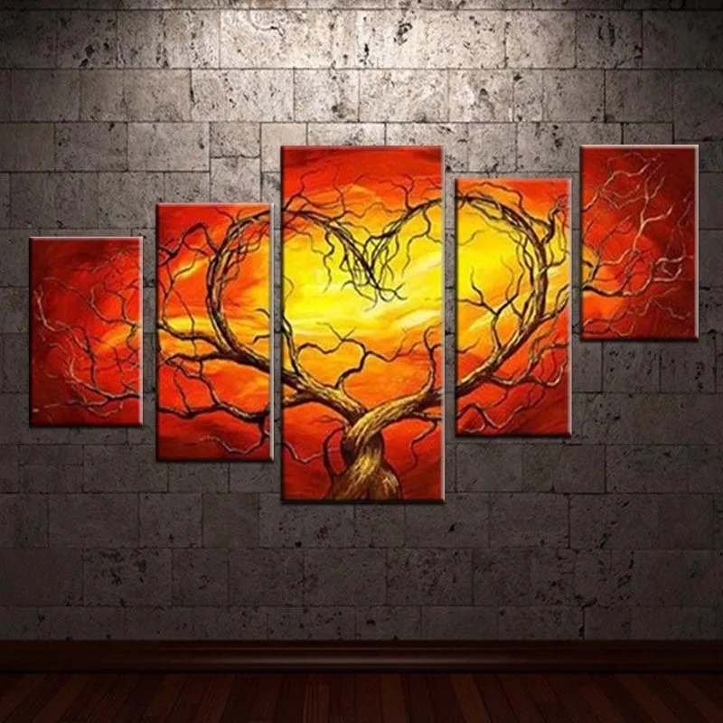 100% handpainted duvar resimleri ev dekoratif 5 adet / takım bulut arka plan kalp şeklinde soyut ağaç modern soyut sanat boyama