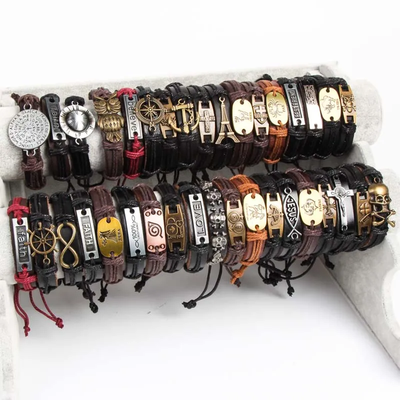 Band New Vintage Metal Leather Mens Womens Surfer Bracelet Cuff Wristband Mixed Style Alloy pendant Retro Jewelry Charm Bracelet