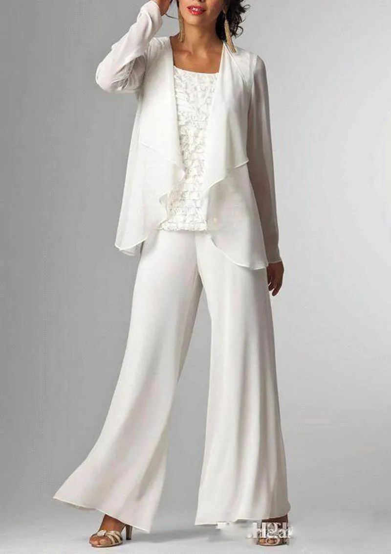 Branco Chiffon Senhora Mãe Calças Ternos com Jaqueta Mãe da Noiva Vestidos de 3 Peças Formais Mãe Vestidos de Noite Venda Quente