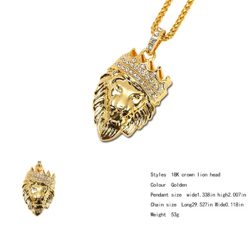 Hipsters 18K Gold Plating Rhinestone Punk Rock Hip Hop Jewelry Lion King Head Pendant Twisted Long Chain Necklace For Men Woman Joyas Bijoux