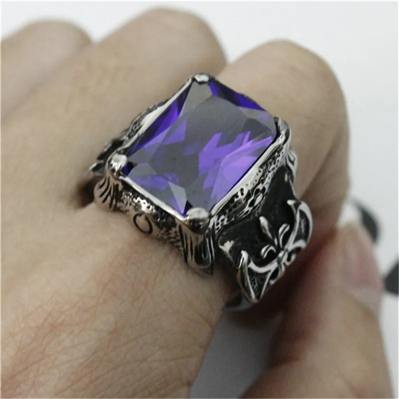 / Nouveau Design Énorme Bague En Pierre Du Rhin Violet En Acier Inoxydable 316L Bijoux De Mode Fleur Violet Cool Ring275e