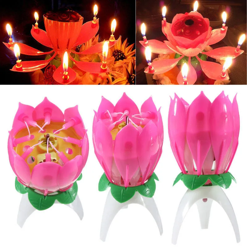 Musikalische Kerze, musikalischer Lotus, rotierende Happy Birthday-Kerze, leuchtet rot, musikalische Kerze, Blumenkerze, Musik-Blumen-Geburtstagskerze