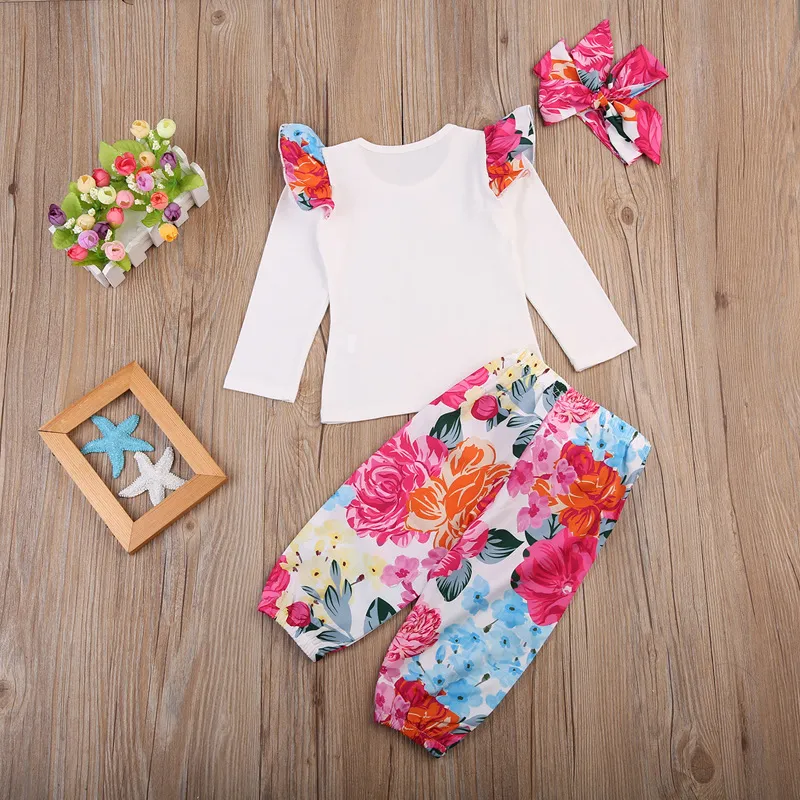 Newest Baby Clothes Set Kids Girl Outfits Floral Long Sleeve T-shirt+Flower Pants+Headband Baby Girl Clothes Sets Spring Autumn