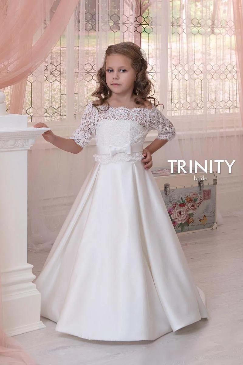 Latest 2019 Formal Flower Girl Dresses for Wedding with Half Sleeves Lace Jacket Strapless A Line Ivory Satin Children Dresses with Bow Sash