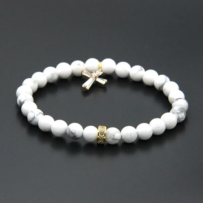 Wielkanoc Hurtownie 10 sztuk / partia 6mm Naturalne White Howlite Marmurowe Kamienne Koraliki z mikro utwardzonym Cyrconów Spacer CZ Koraliki Cross Bransoletki