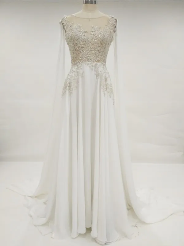 Echtes Elfenbein-Champagner-Hochzeitskleid mit transparentem Illusionsoberteil, ärmellos, silberne Spitzenapplikationen, Korsettrücken, Chiffon-Brautkleider mit Schlitz und Schleppe