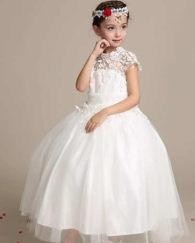 Elegantes Blumenmädchenkleid Lange Spitze Prinzessin Kleider Kinder Weißes Kleid Für Mädchen Hochzeit Party Vestido Baby Taufe Kleider