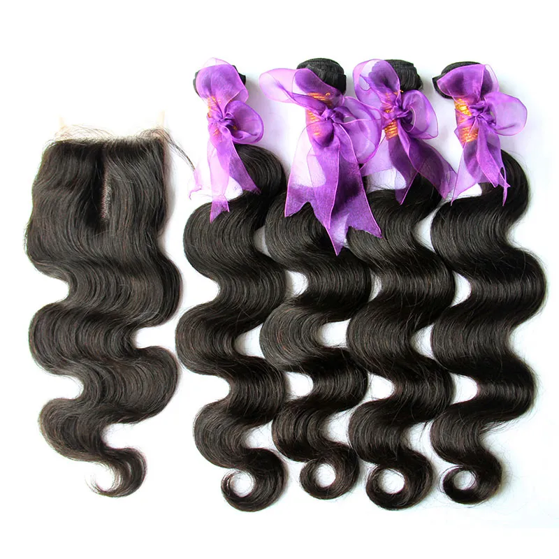 5 pçs lote Cabelo de onda de corpo cambojano com fecho grau 8a não processado cabelo humano tecelagem 4 pacotes adicionar top lace fechos naturais cor dinable