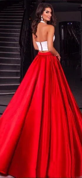 Vendas quentes 2018 Branco E Vermelho Duas Peças Vestidos de Baile Barato Halter Pescoço Uma Linha com Bolsos Longo Festa Formal Vestidos Custom Made