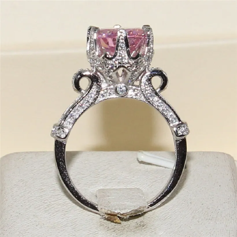 Luxe 100% Silod 925 Sterling Zilveren Sieraden Merk Engagement Trouwringen Bloem Crown Design Roze Diamond Niveau Edelsteen Ring voor Vrouwen