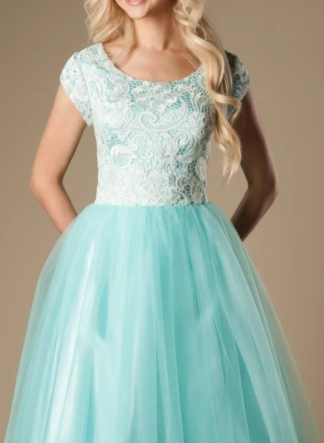 Mint Lace Tulle Modest A-Line Long Prom Dress with Cap Sleeves and Zipper  Back from Dhgate Prom Dresses - price 114.08