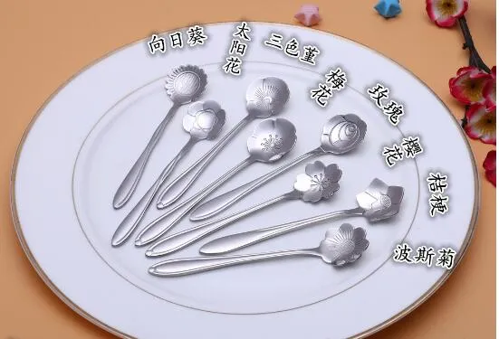 패션 뜨거운 식기 꽃 모양 설탕 스테인레스 스틸 실버 컵 스푼 아이스크림 Flatware 주방 도구