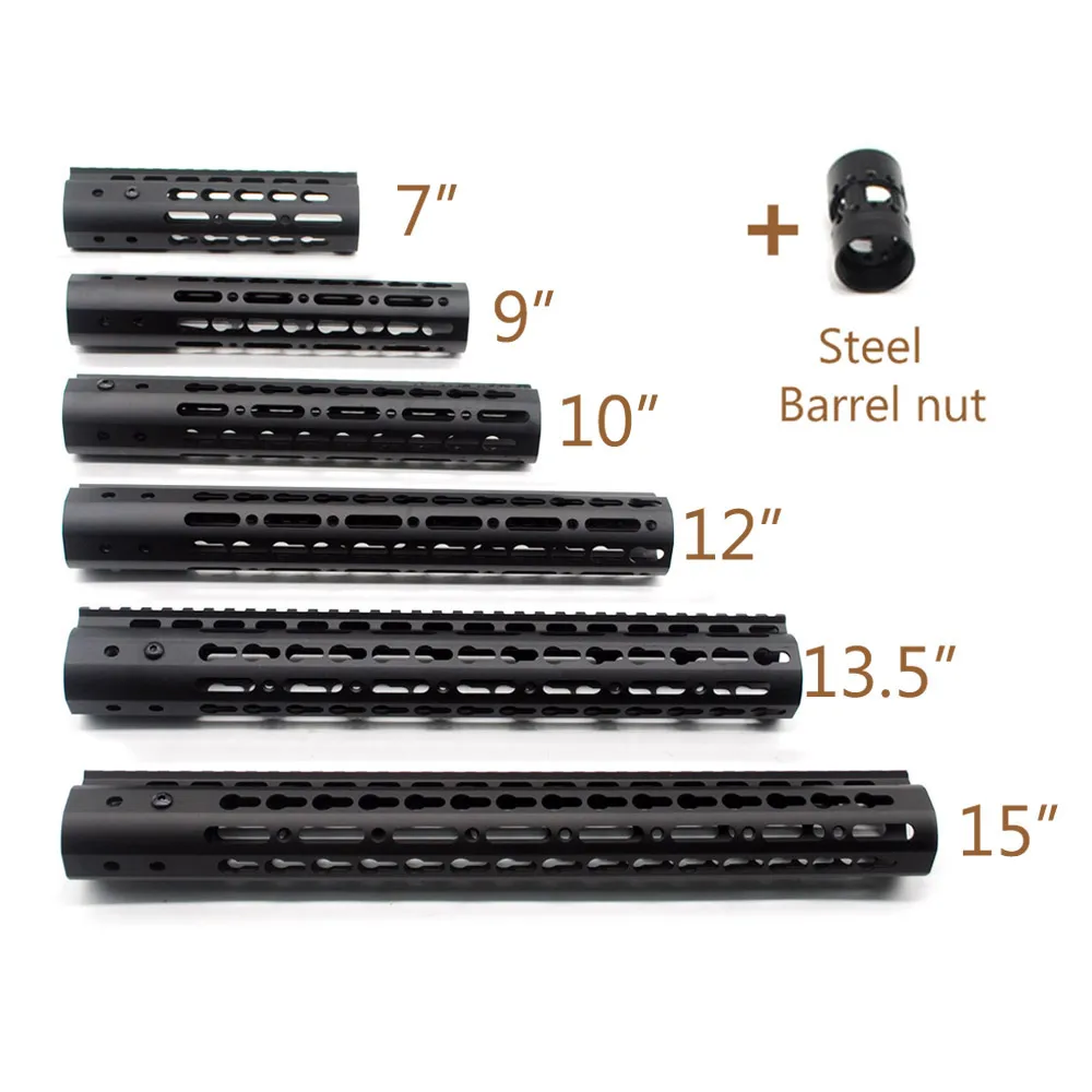 Zwart geanodiseerd 7,9,10,12,13.5,15 '' inch handguard rail gratis vlotter sleutel Mod quad rail mount-systeem met stalen vat moer