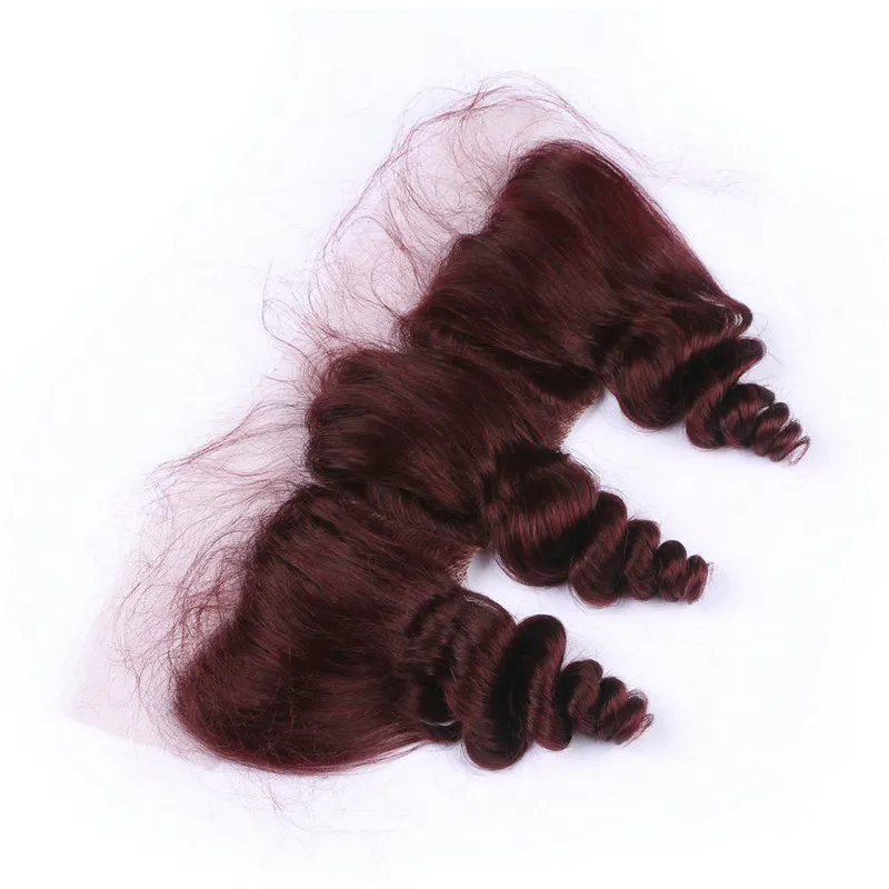 Lös våg # 99J Vinröd brasilianskt mänskligt hår väv med spets frontal 4st Virgin Burgundy Hair 3bundles med 13x4 Full Lace Frontal