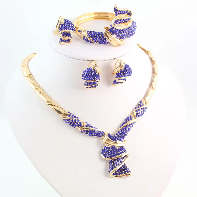 Fashion High Quality Nigerian Wedding African Beads Jewelry Sets Blue Crystal Dubai Gold Plated Big Jewelry Sets Costume