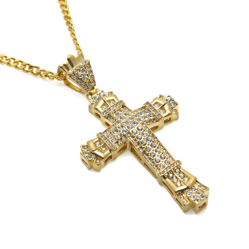 Mens Bling Iced Out 18K Plaqué Or Hip Hop Strass Cristal Croix Pendentif Collier Cubain Lien Chaîne Hommes Bijoux ColliersPendentif