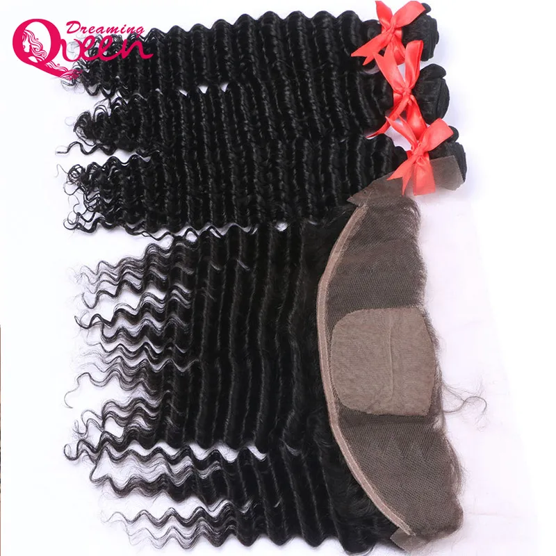 Cabelo virgem brasileiro não processado onda profunda 3 pacotes com base de seda de orelha a orelha renda frontal 100 cabelo humano 5675442