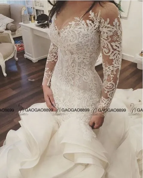 Steven Khalil 2019 Luxe Volants Cathédrale Train Sirène Robes De Mariée Avec Manches Longues Moyen-Orient Plus La Taille Dentelle Organza Wed351M