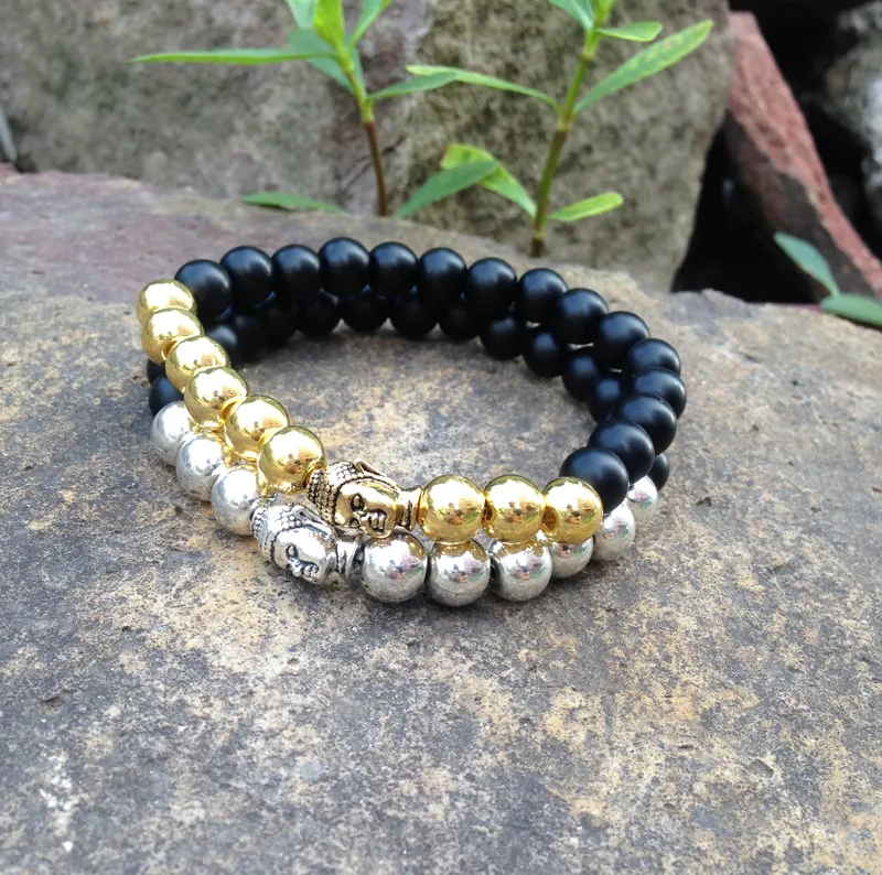 SN0379 Gold Silver beads bracelet Gold Buddha Head matte black onyx stone bracelets metal beads yoga jewelry